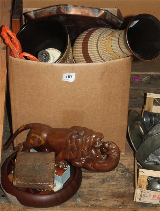 Keswick style copper tray & mixed sundries